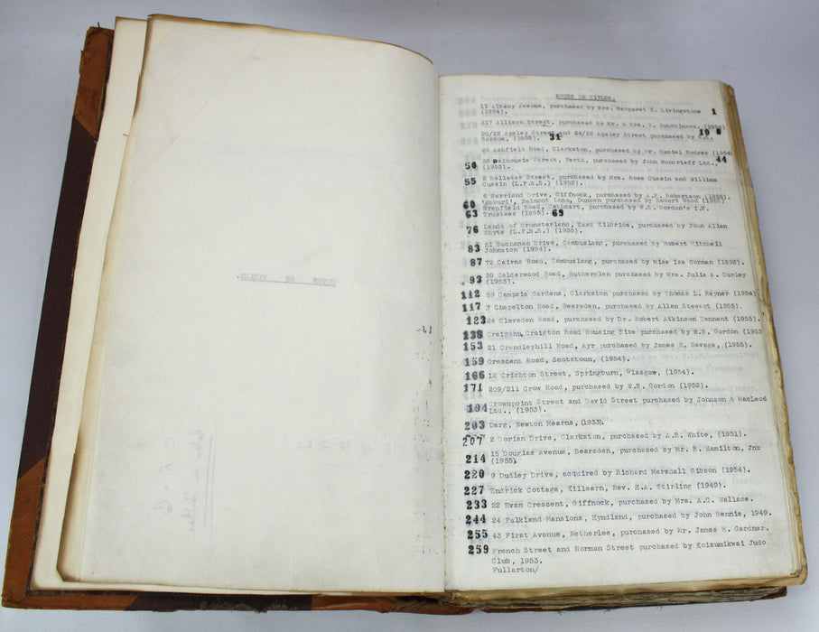 Cartulary; A Very Large Legal Folio Book entitled 'Notes On Titles C.R. & Co.', Bound 1956, with unique content and manuscript pages. Property transactions.