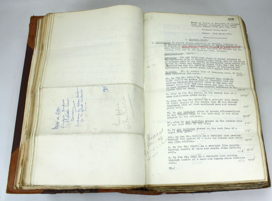 Cartulary; A Very Large Legal Folio Book entitled 'Notes On Titles C.R. & Co.', Bound 1956, with unique content and manuscript pages. Property transactions.
