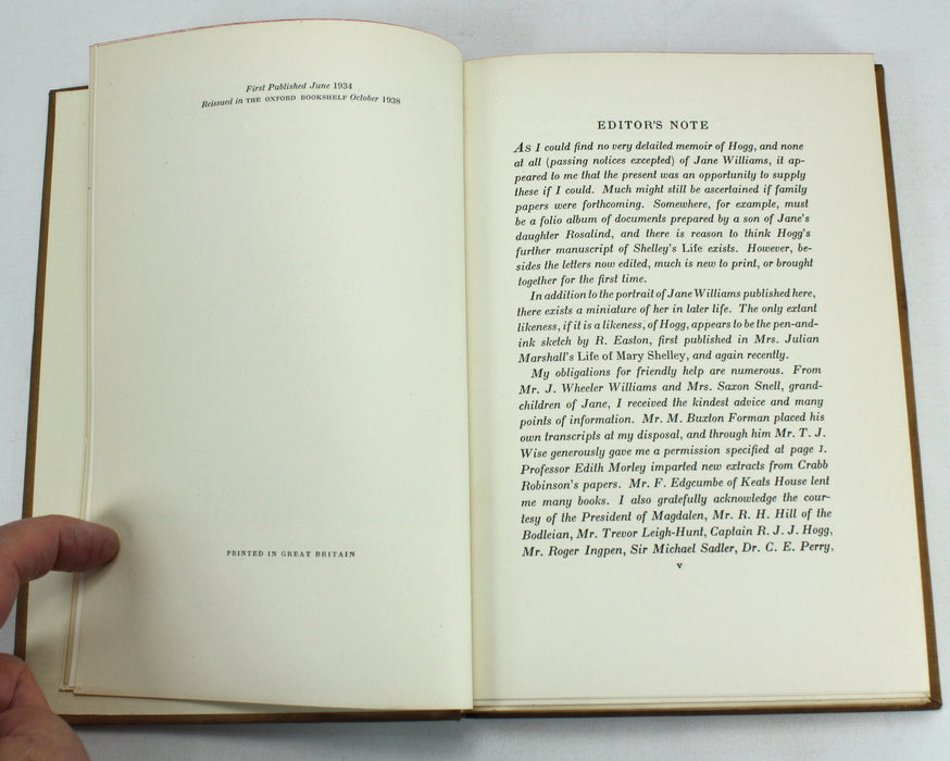 After Shelley; The Letters of Thomas Jefferson Hogg to Jane Williams, Sylva Norman, 1938