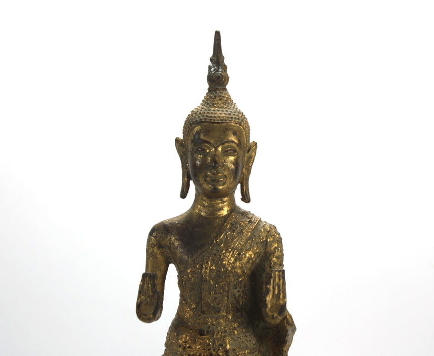 Antique Thai Rattanakosin period standing Buddha, c. 1900, 34.4cm high. Gilt alloy.