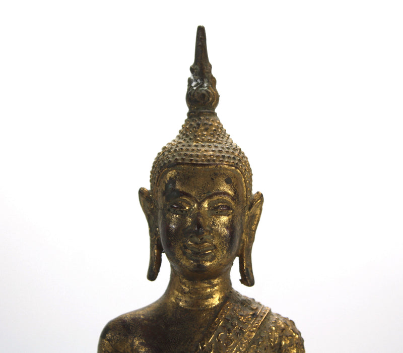 Antique Thai Rattanakosin period standing Buddha, c. 1900, 34.4cm high. Gilt alloy.