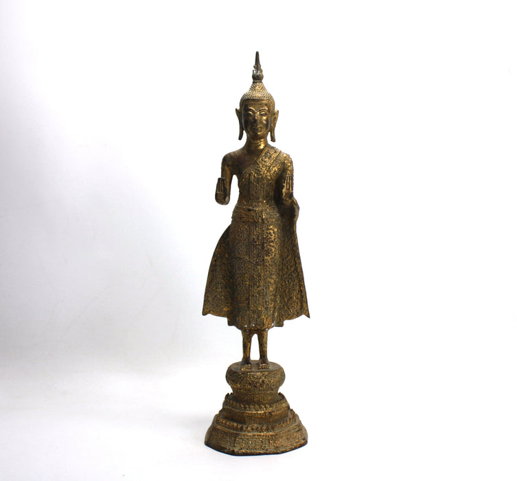 Antique Thai Rattanakosin period standing Buddha, c. 1900, 34.4cm high. Gilt alloy.