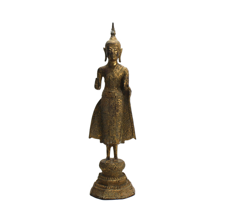 Antique Thai Rattanakosin period standing Buddha, c. 1900, 34.4cm high. Gilt alloy.