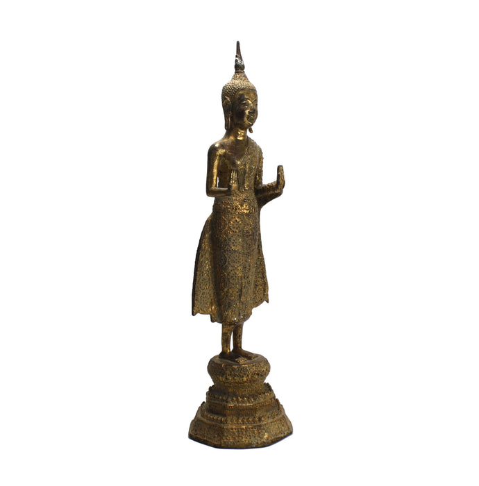 Antique Thai Rattanakosin period standing Buddha, c. 1900, 34.4cm high. Gilt alloy.