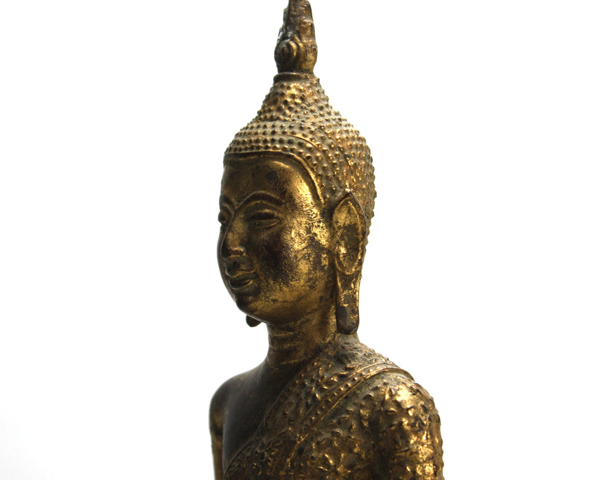 Antique Thai Rattanakosin period standing Buddha, c. 1900, 34.4cm high. Gilt alloy.