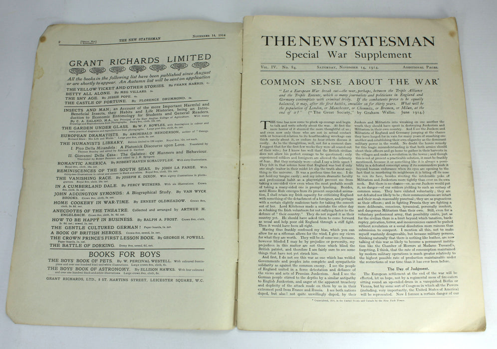 Bernard Shaw; Common Sense About the War, New Statesman Supplement, 1914, 1st