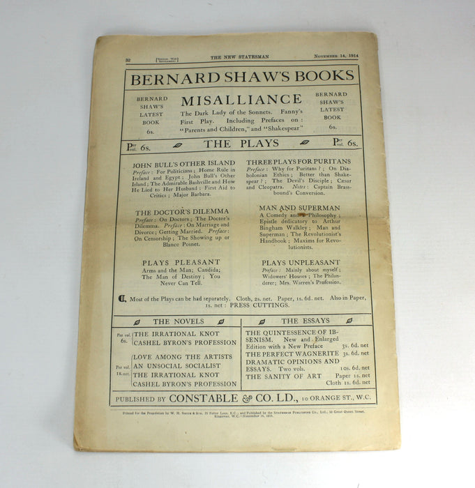 Bernard Shaw; Common Sense About the War, New Statesman Supplement, 1914, 1st