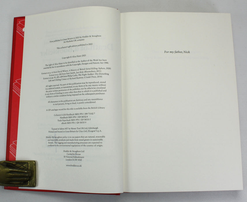 Bibliomystery; Death of a Bookseller, Alice Slater, Signed. Collector's Gift Hardback first edition.