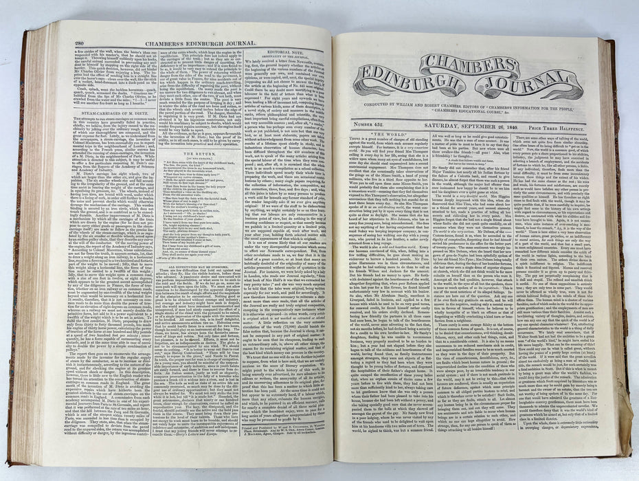 Chambers's Edinburgh Journal, William and Robert Chambers, 4 Volumes; VII, VIII, IX, and XI , Nos. 313-572. 1839-1943