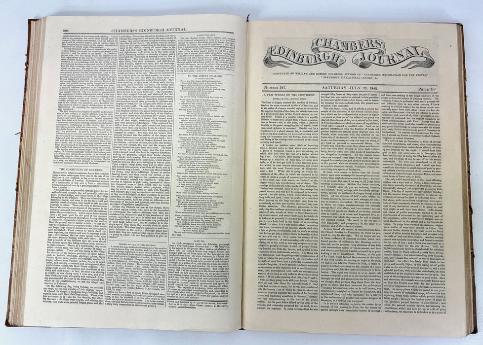 Chambers's Edinburgh Journal, William and Robert Chambers, 4 Volumes; VII, VIII, IX, and XI , Nos. 313-572. 1839-1943