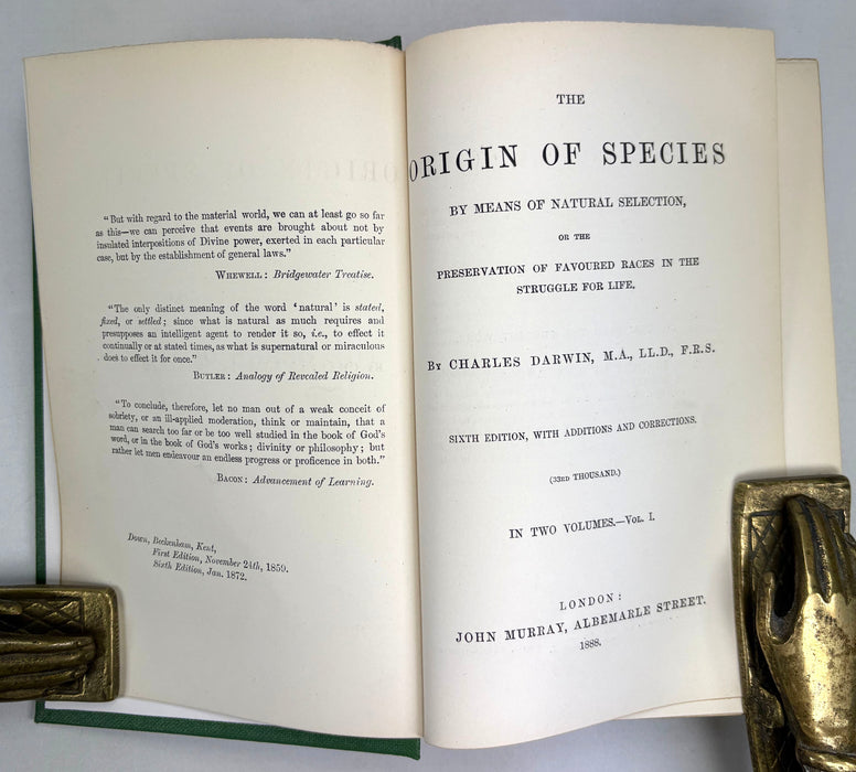 Charles Darwin; The Origin of Species by Means of Natural Selection, or the Preservation of Favoured Races in the Struggle for Life, 1888, Sixth edition, 33rd Thousand, John Murray