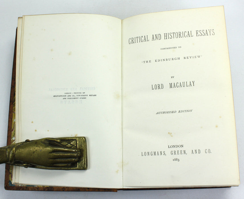 Critical and Historical Essays Contributed to 'The Edinburgh Review' by Lord Macaulay, 1883, Riviere binding.