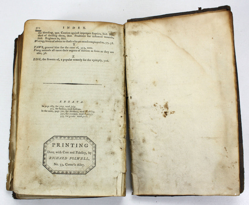 Domestic Medicine; Or, A Treatise on the Prevention and Cure of Diseases, by Regimen and Simple Medicines, William Buchan. Adapted to the Diseases of America by Isaac Cathrall. Published by Richard Folwell, Philadelphia, 1797