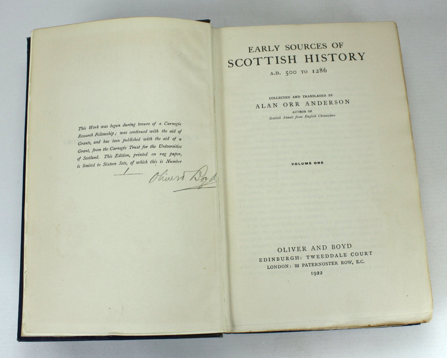 Early Sources of Scottish History A.D. 500 to 1286, Alan Orr Anderson, 1922, No. 1 of only 16 sets, signed by Publisher