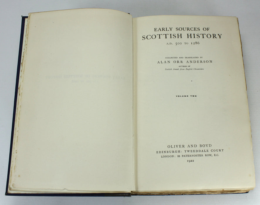 Early Sources of Scottish History A.D. 500 to 1286, Alan Orr Anderson, 1922, No. 1 of only 16 sets, signed by Publisher