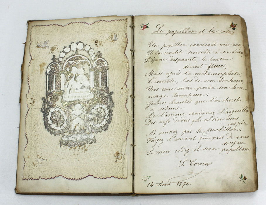 French language Poetry scrapbook, Augustine Ruchet, c. 60 Manuscript / pictorial pages, 1870