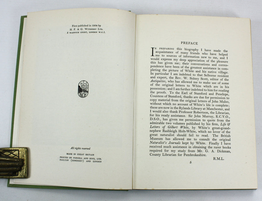 Great Naturalist Series; Gilbert White, by R.M. Lockley, H.F. & G. Witherby, London, 1954