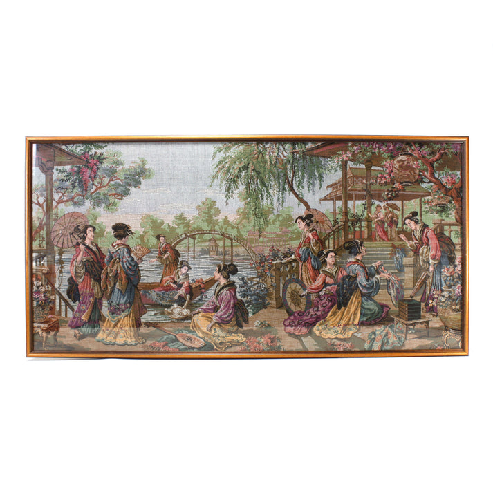 A fine Petit Point Needlepoint framed canvas of Japanese Ladies in a Traditional Setting, Large Size; 48cm x 95cm