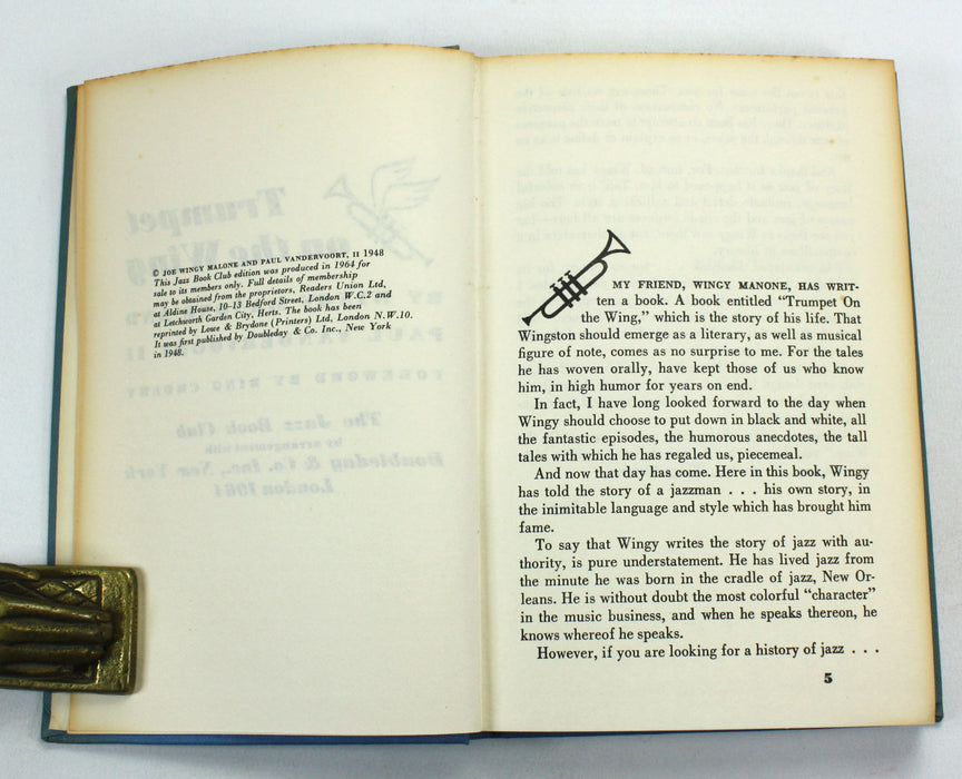 Jazz Book Club; Trumpet on the Wing, Wingy Manone & Paul Vandervoort II, 1964
