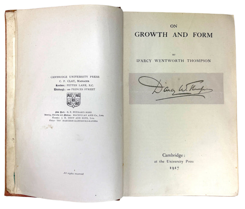 On Growth and Form, D'Arcy Wentworth Thompson, 1st edition signed copy (Cambridge University Press, 1917). Sir Robert Ludwig Mond provenance.