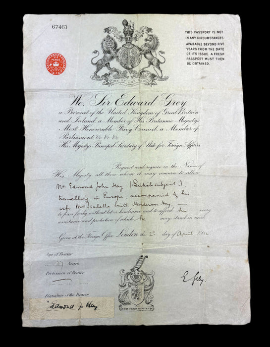 Original 1912 British Passport of Mr. Edmond John Hay, issued by Sir Edward Grey, 1st Viscount Grey of Fallodon, British Liberal Statesman and Ambassador to the United States