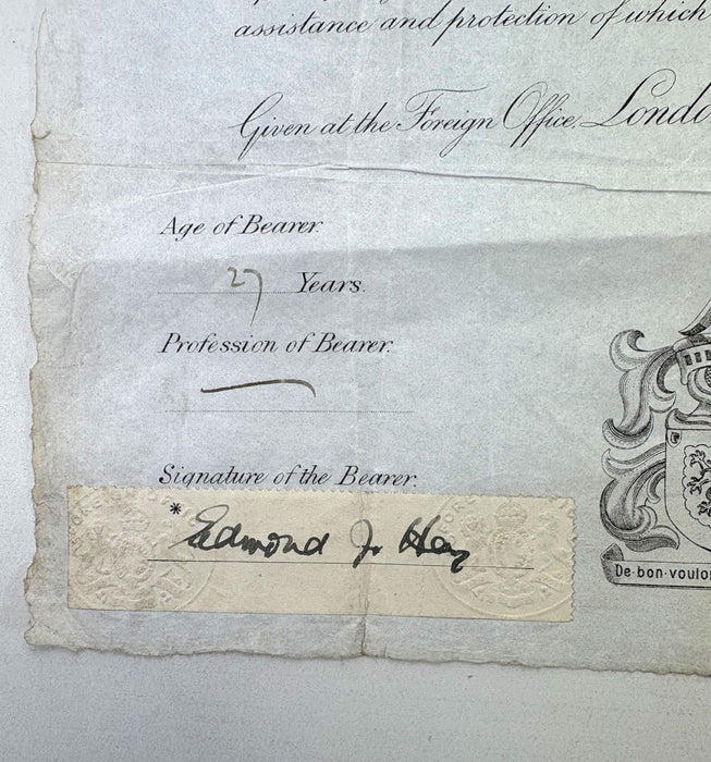Original 1912 British Passport of Mr. Edmond John Hay, issued by Sir Edward Grey, 1st Viscount Grey of Fallodon, British Liberal Statesman and Ambassador to the United States