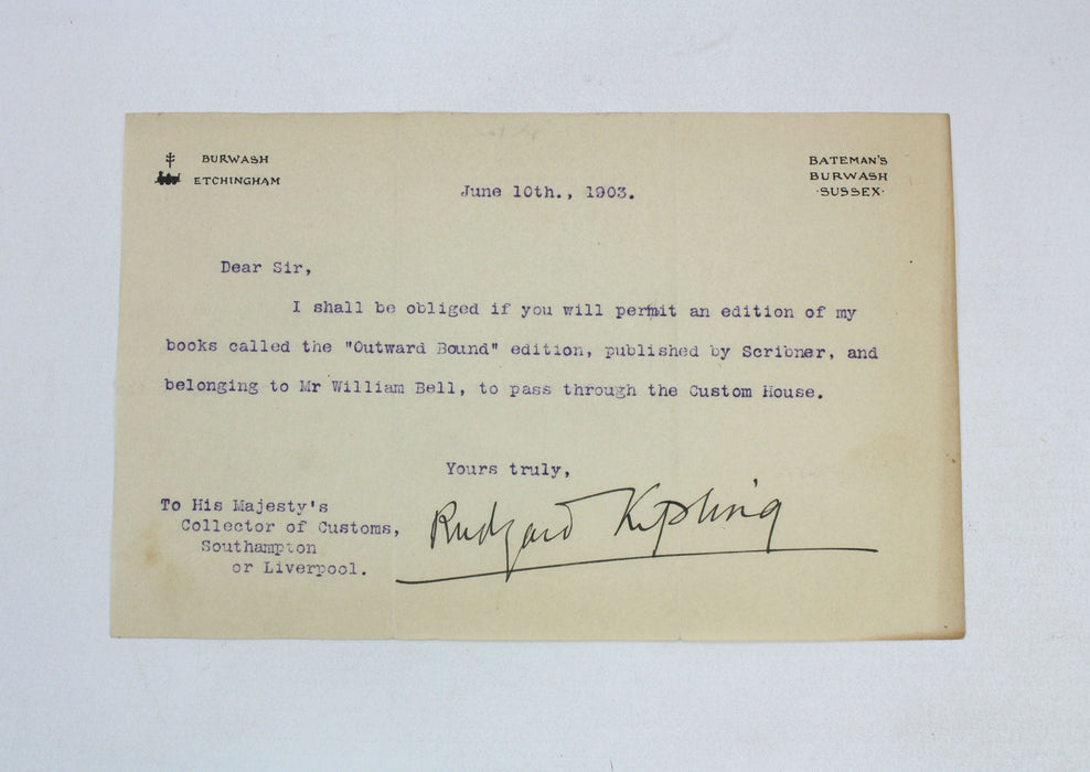 Original Typed Letter Signed by Rudyard Kipling, from Bateman's, Burwash, 1903