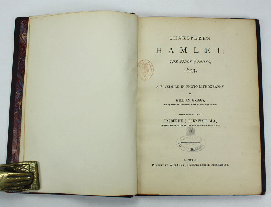 Shakspere's Hamlet, the First Quarto, 1603, A Facsimile in Photo-Lithography by William Griggs, Frederick J. Furnivall, c. 1881. House of Lords Library copy with theatre production notation
