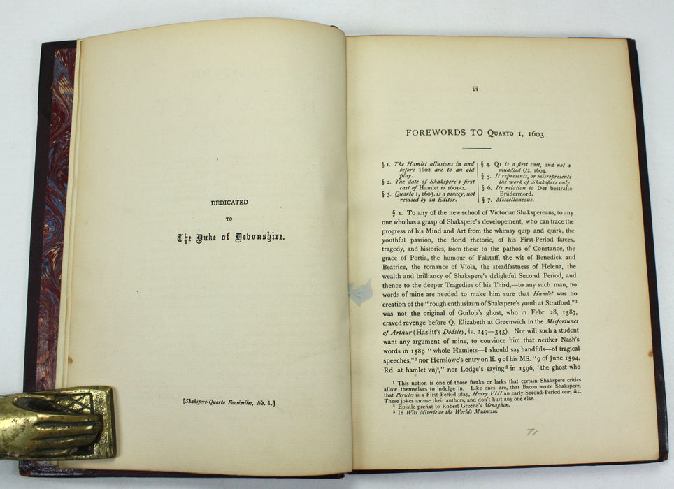 Shakspere's Hamlet, the First Quarto, 1603, A Facsimile in Photo-Lithography by William Griggs, Frederick J. Furnivall, c. 1881. House of Lords Library copy with theatre production notation