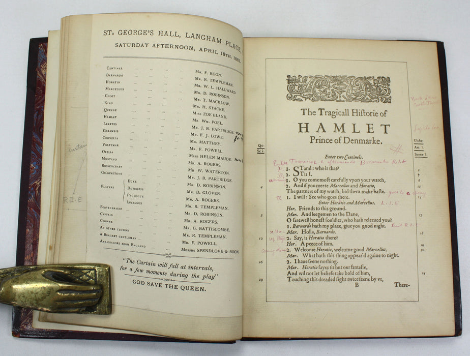 Shakspere's Hamlet, the First Quarto, 1603, A Facsimile in Photo-Lithography by William Griggs, Frederick J. Furnivall, c. 1881. House of Lords Library copy with theatre production notation
