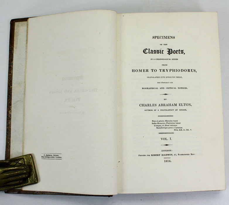 Specimens of the Classic Poets in a Chronological Series from Homer to Tryphiodorus, Charles Abraham Elton, 2 Vols, 1814
