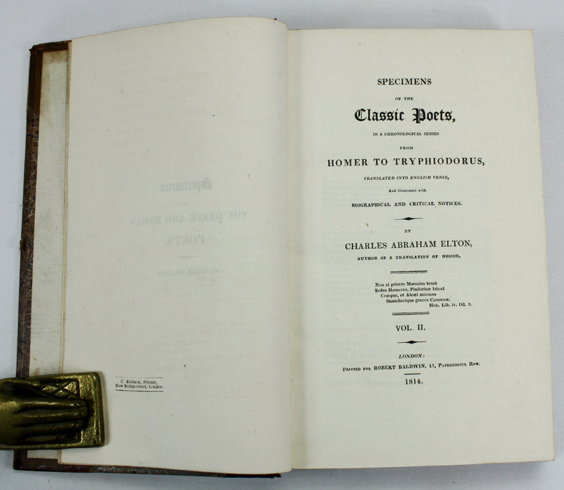 Specimens of the Classic Poets in a Chronological Series from Homer to Tryphiodorus, Charles Abraham Elton, 2 Vols, 1814