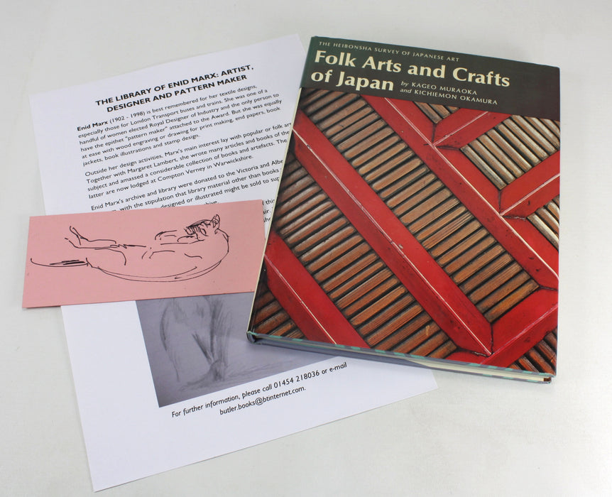 The Heibonsha Survey of Japanese Art; Folk Art and Crafts of Japan by Kageo Muraoka and Kichiemon Okamura; with hand drawn Enid Marx bookmark