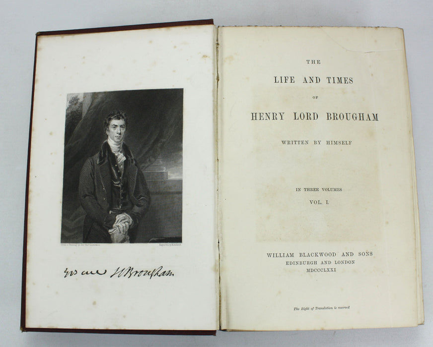The Life and Times of Henry Lord Brougham, 3 Vols 1871, With Autograph Letter Signed