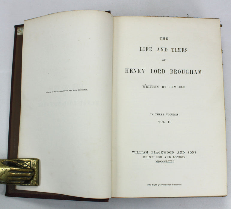 The Life and Times of Henry Lord Brougham, 3 Vols 1871, With Autograph Letter Signed