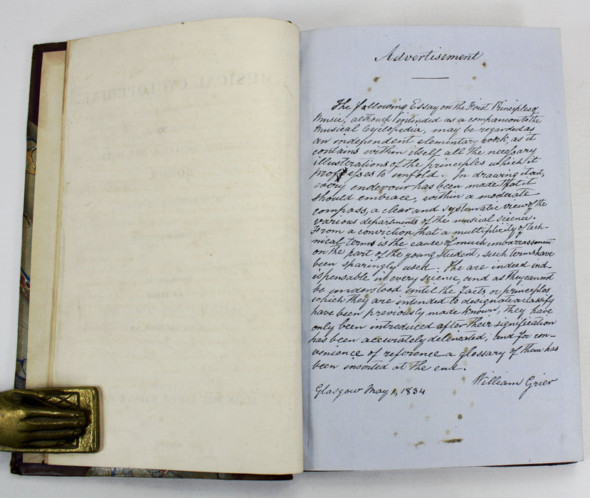 The Musical Cyclopedia, Being A Collection of English, Scottish, and Irish Songs; with Appropriate Music, James Wilson, 1834. With unique hand-drawn restoration.