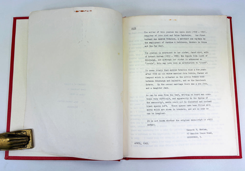 Unpublished Typescript; Journal of a Voyage from Scotland to China in 1839, by Agnes Paterson