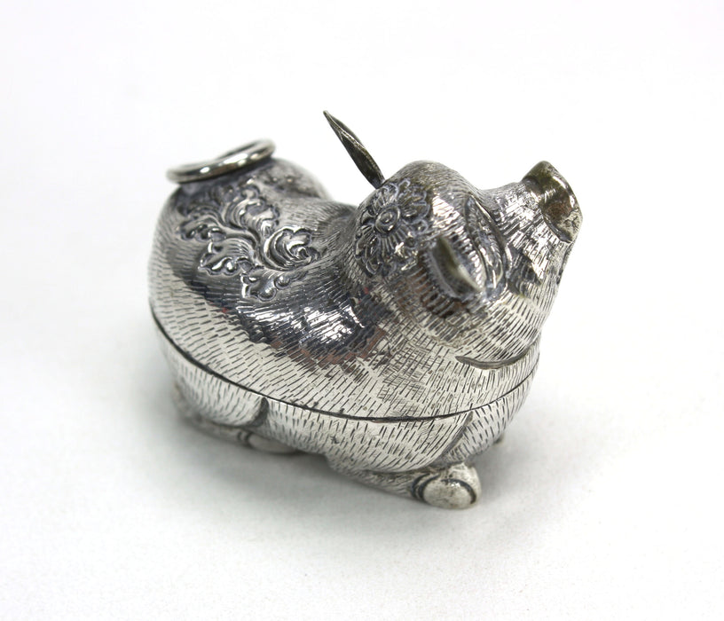 Vintage Cambodian Silver Betel Box, Pig, 5cm long