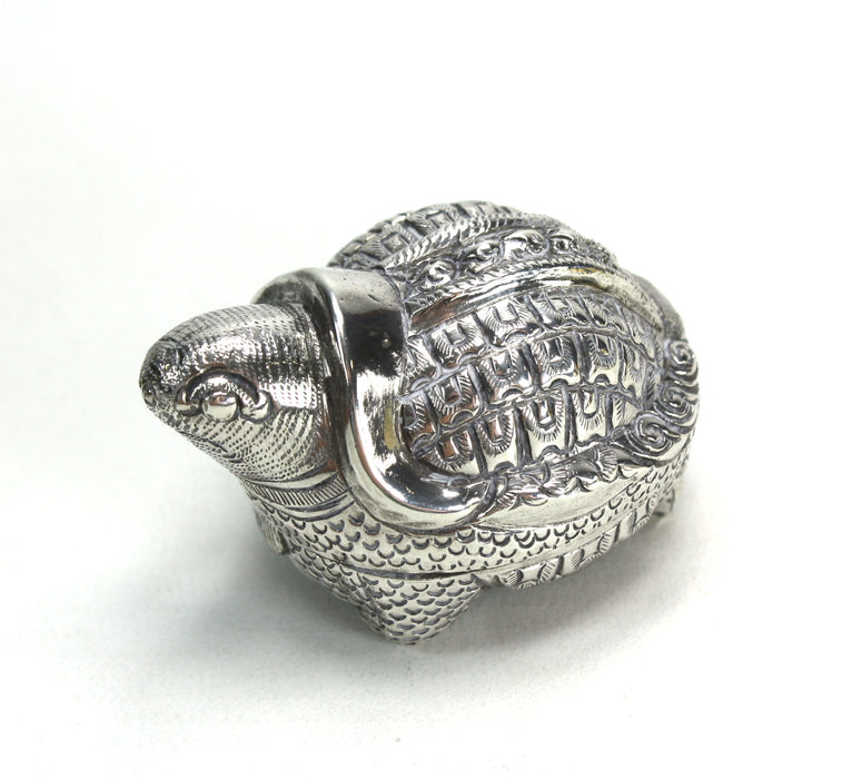 Vintage Cambodian Silver Betel Box, Turtle, 6cm long