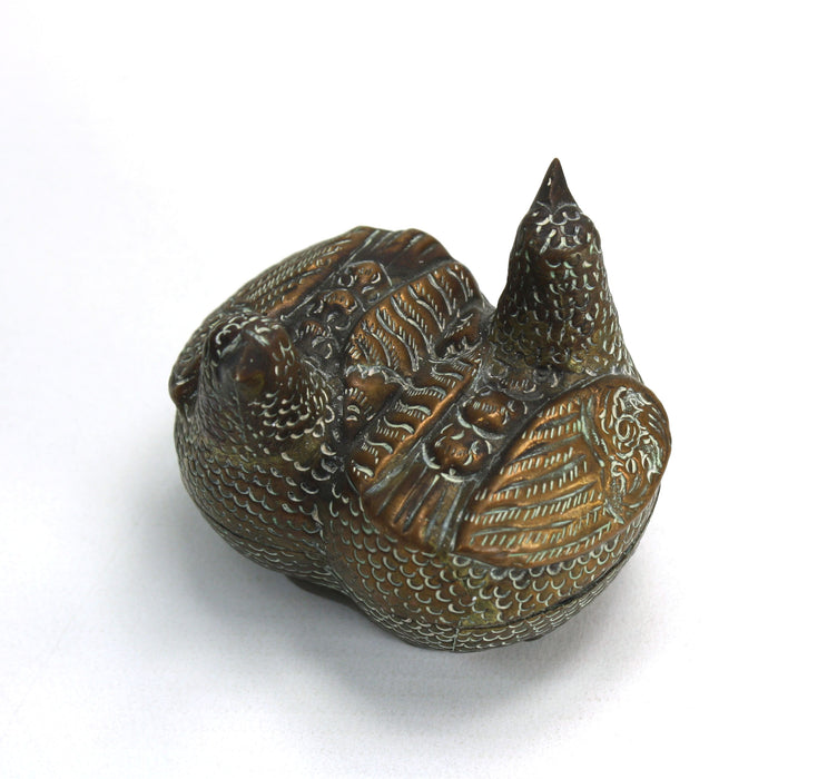 Vintage Cambodian Silver and Copper Betel Box, Pair of Hens design, 7cm long