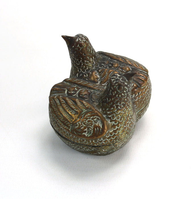 Vintage Cambodian Silver and Copper Betel Box, Pair of Hens design, 7cm long