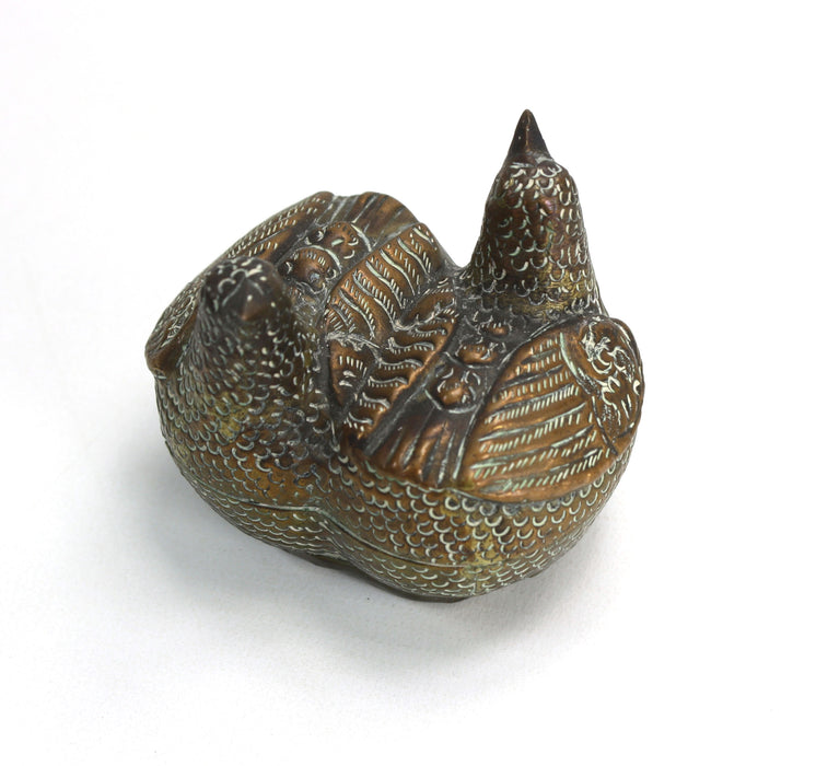 Vintage Cambodian Silver and Copper Betel Box, Pair of Hens design, 7cm long
