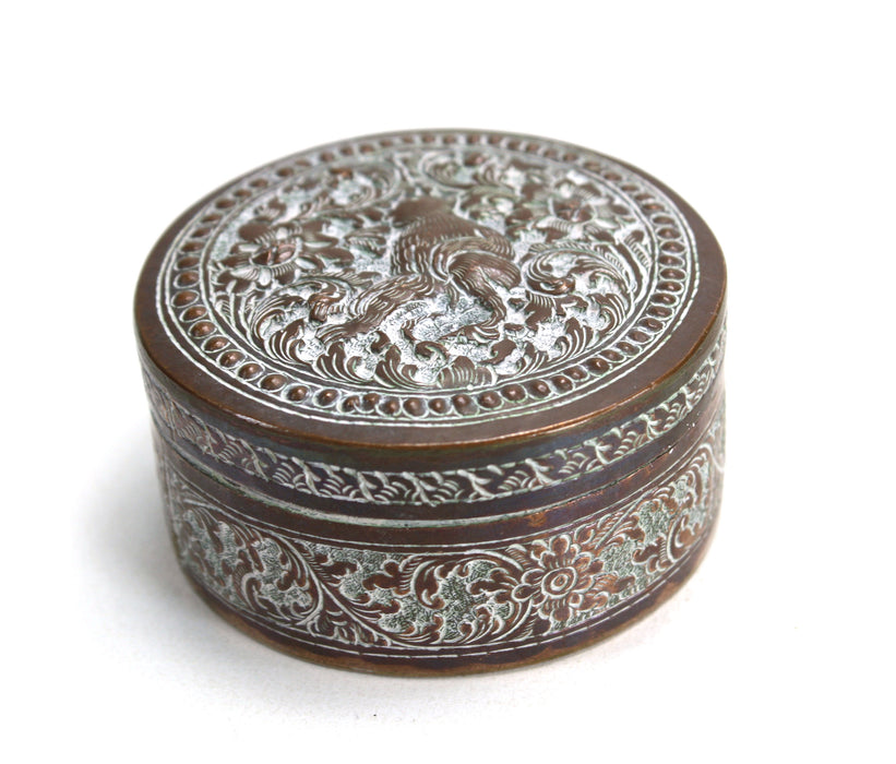 Vintage Cambodian Silver and Copper round Betel Box, Monkey design, 5.9cm diameter