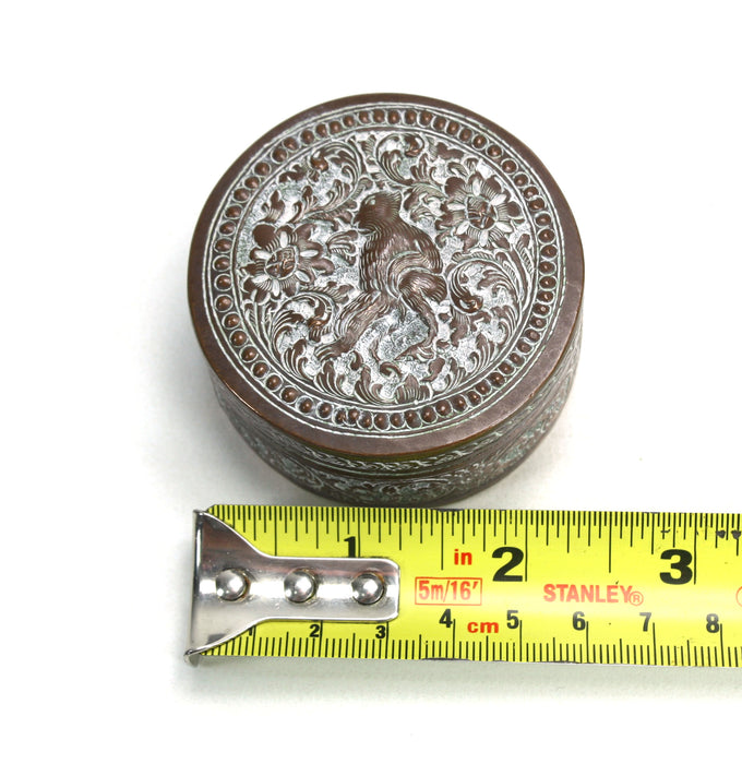 Vintage Cambodian Silver and Copper round Betel Box, Monkey design, 5.9cm diameter