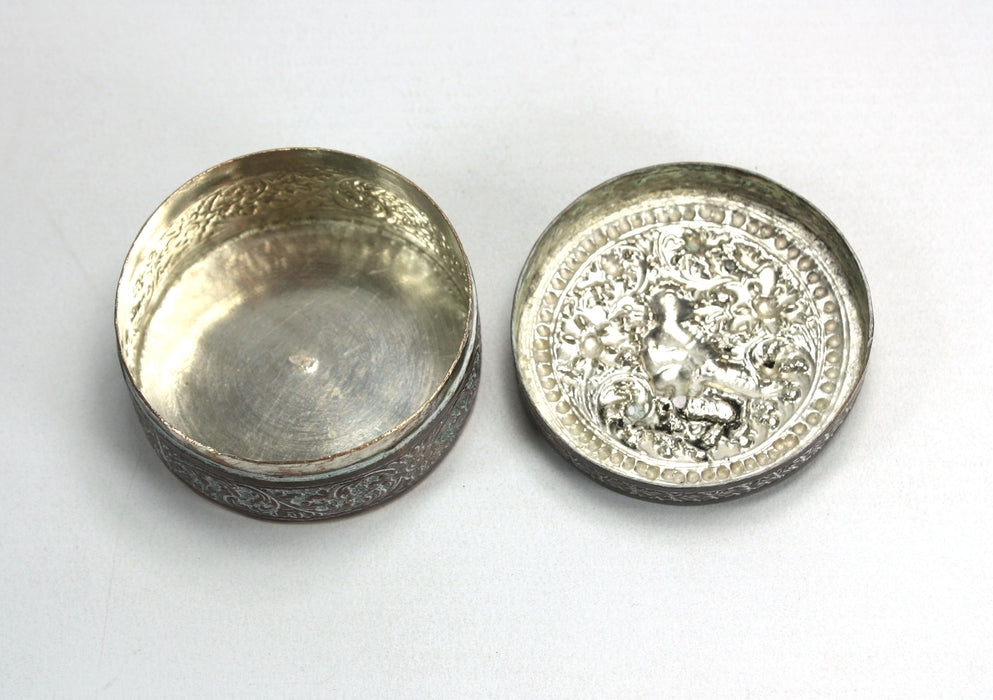 Vintage Cambodian Silver and Copper round Betel Box, Monkey design, 5.9cm diameter