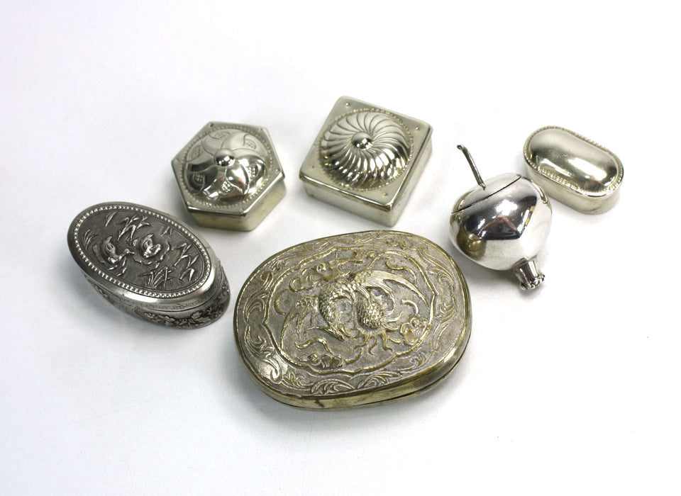 Vintage Cambodian and Chinese White Metal Betel Boxes. A collection.