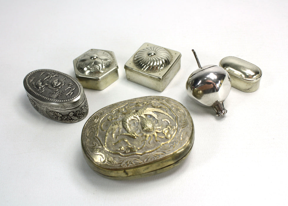 Vintage Cambodian and Chinese White Metal Betel Boxes. A collection.