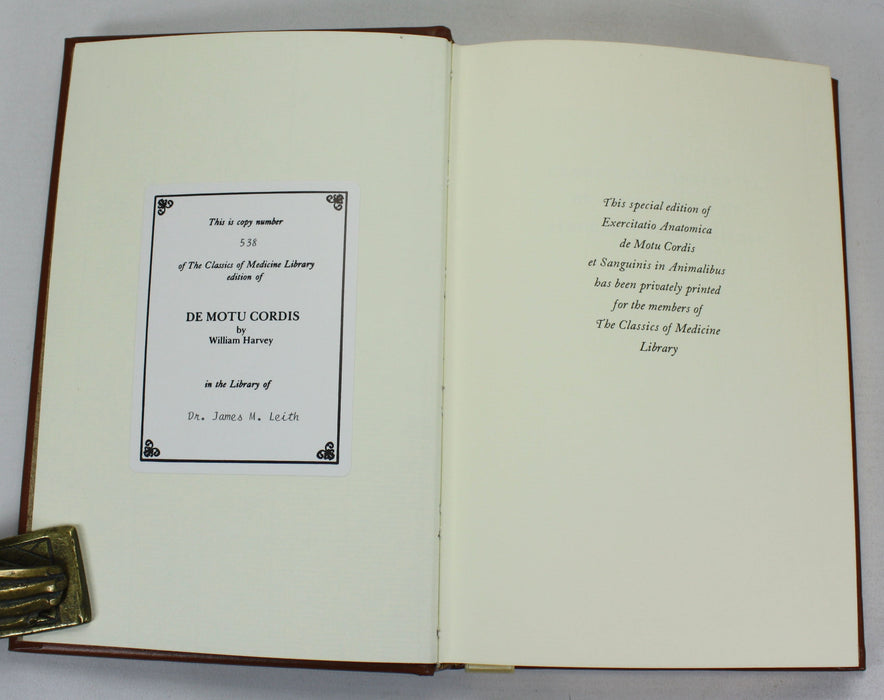 William Harvey; Exercitatio Anatomica De Motu Cordis Et Sanguinis In Animalibus, English Translation, Classics of Medicine Library, 1978