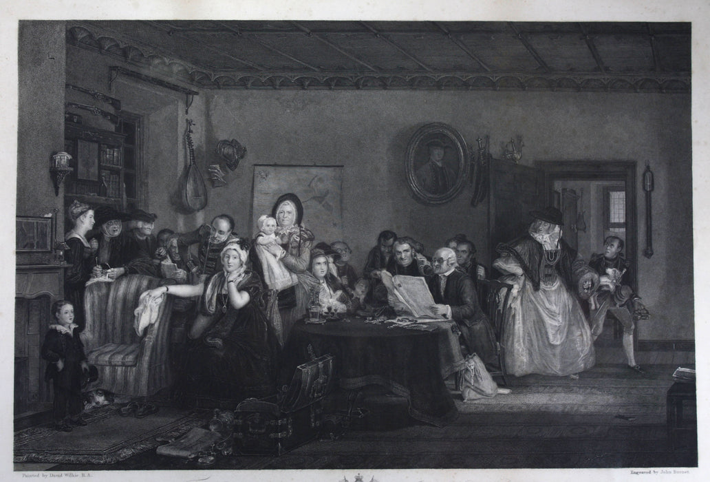 David Wilkie Engraving, 1842, The Reading of a Will, framed. Large size.