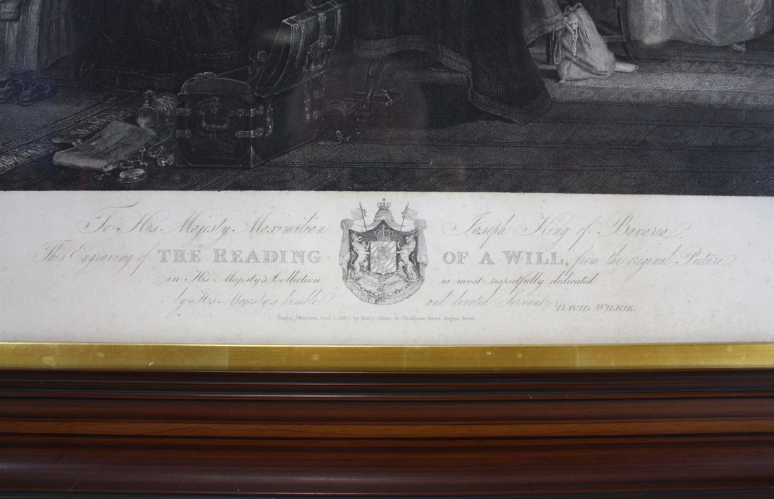 David Wilkie Engraving, 1842, The Reading of a Will, framed. Large size.